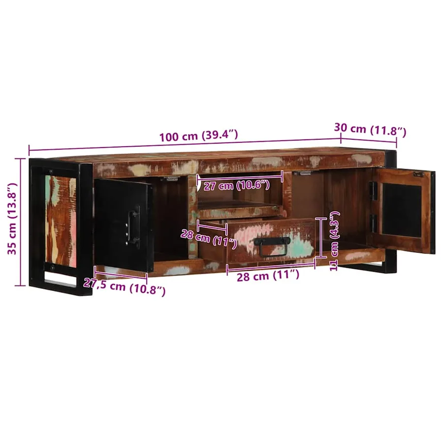 Meuble TV 100x30x35 cm bois de récupération massif - 11