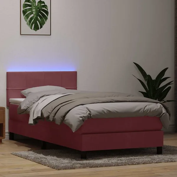 Sommier à lattes de lit avec matelas et LED rose 100x220 cm velours