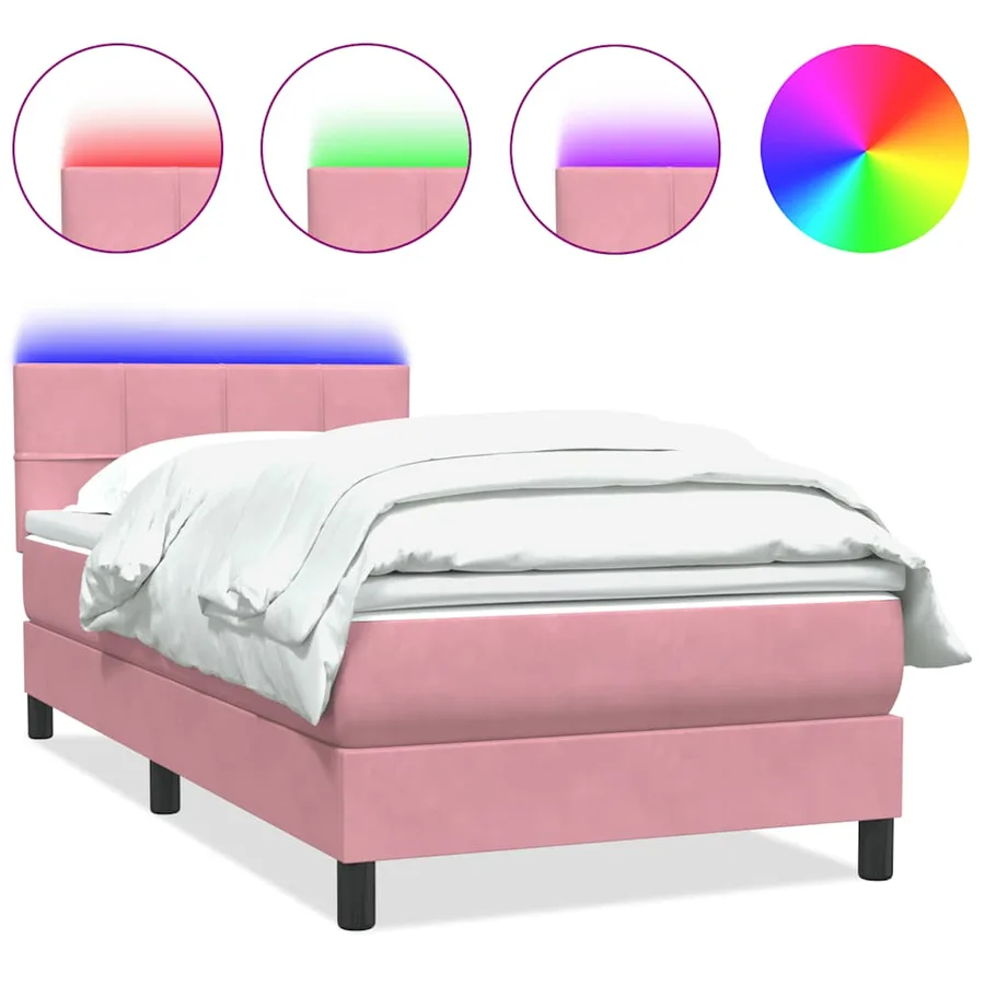 Sommier à lattes de lit avec matelas et LED rose 100x220 cm velours - 2