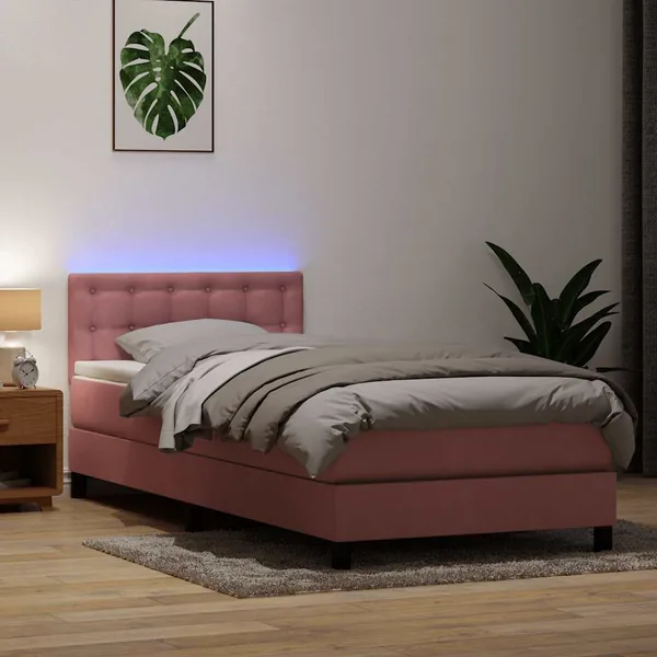 Sommier à lattes de lit avec matelas et LED rose 100x220 cm velours