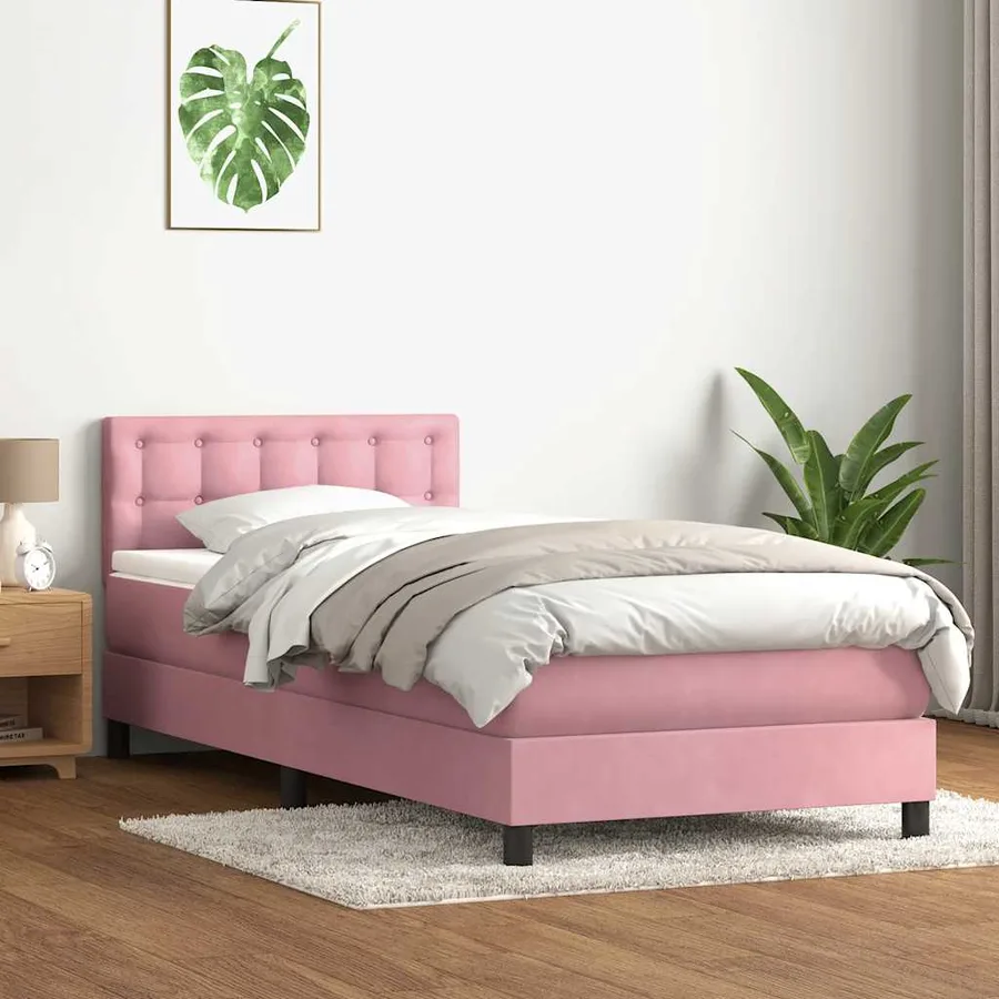 Sommier à lattes de lit avec matelas et LED rose 100x220 cm velours - 4
