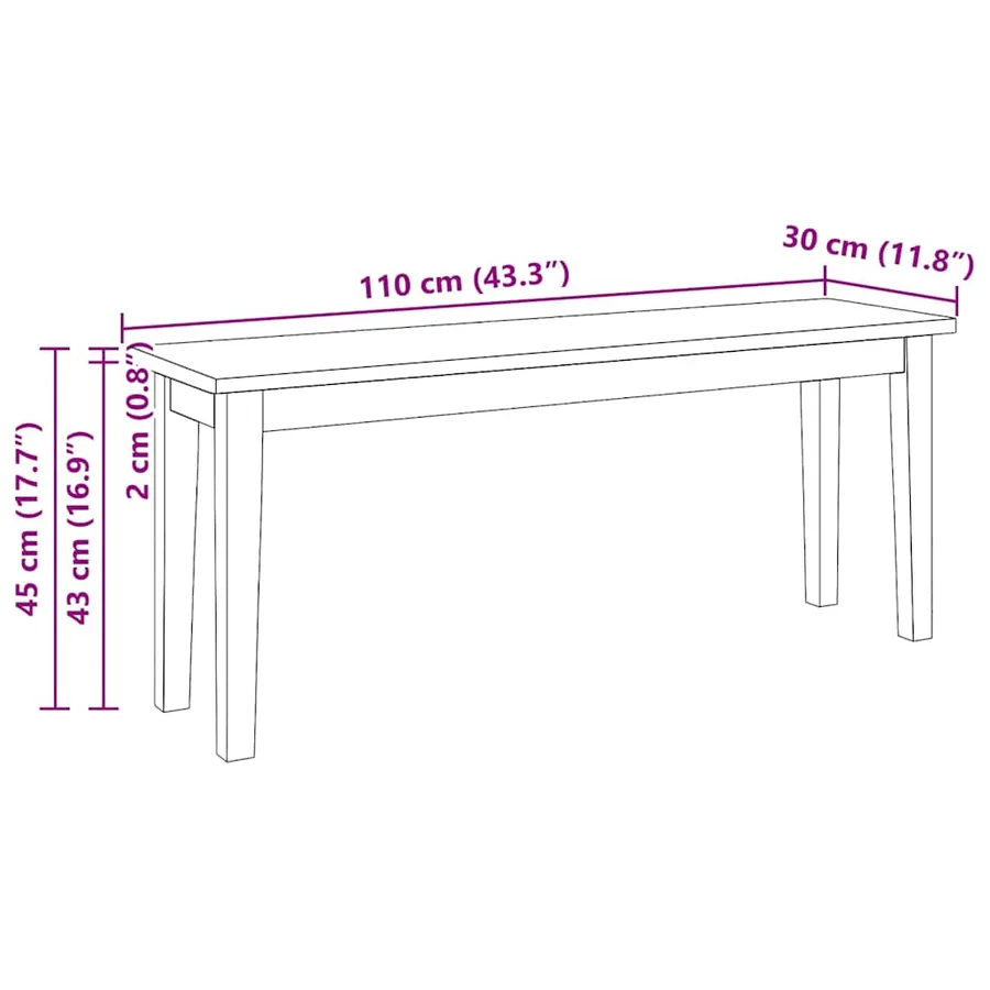 Banc 110 cm bois massif caoutchouc - 9