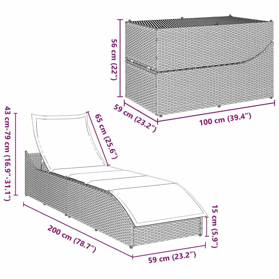 Chaise longue pliante coussin et rangement gris clair polyrotin - 15