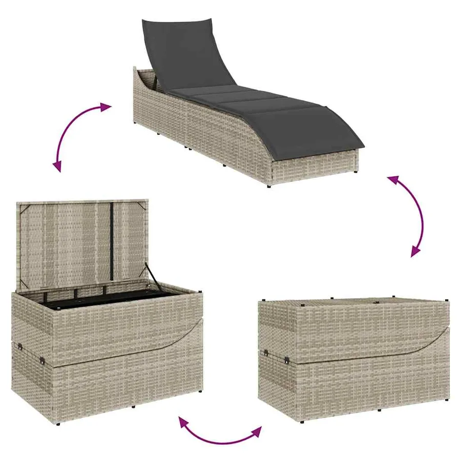 Chaise longue pliante coussin et rangement gris clair polyrotin - 9