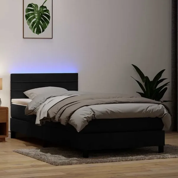 Sommier à lattes de lit avec matelas et LED noir 90x220 cm velours