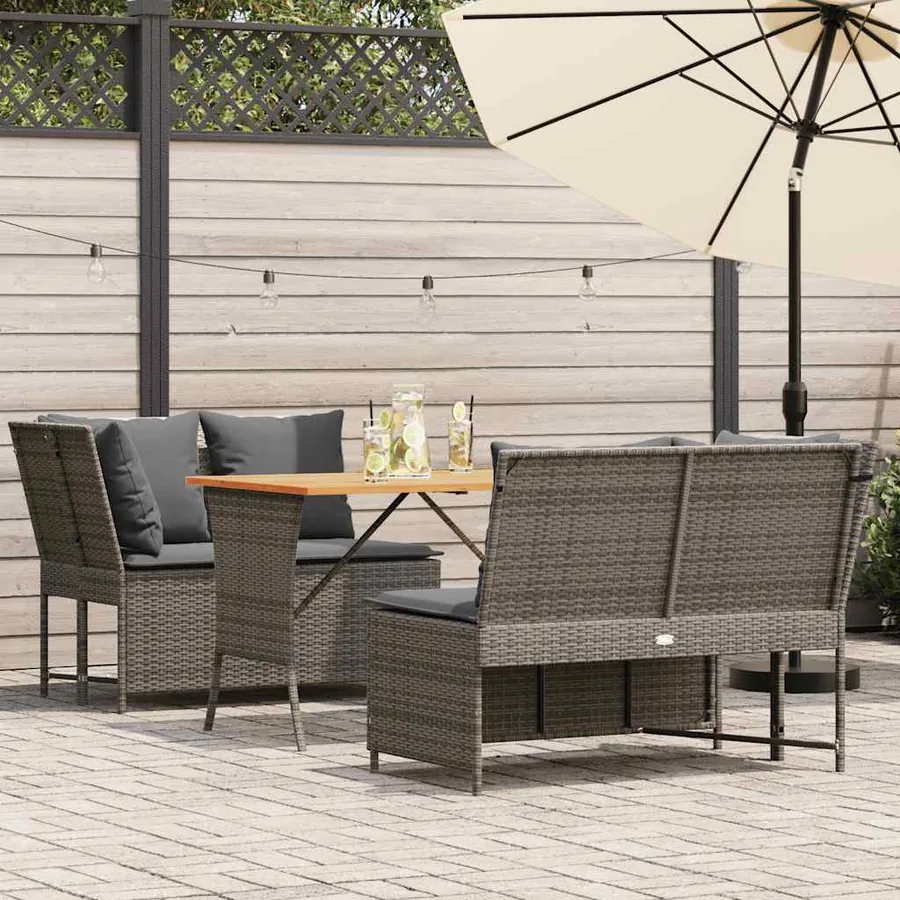 Salon de jardin avec coussins 3 pcs gris résine tressée