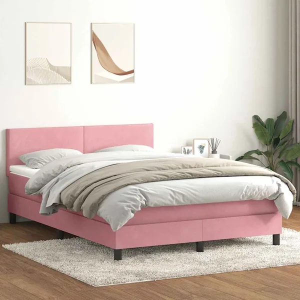 Sommier à lattes de lit avec matelas et LED rose 160x210 cm velours
