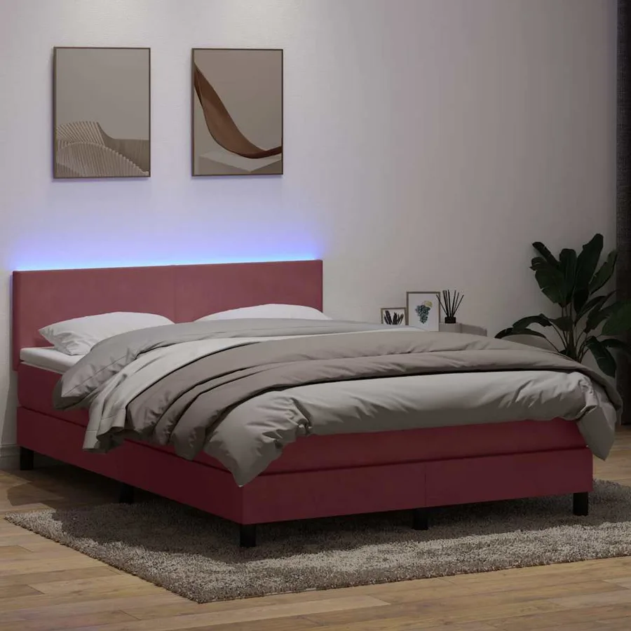 Sommier à lattes de lit avec matelas et LED rose 160x210 cm velours - 4