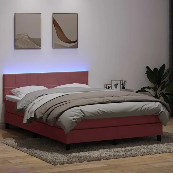 Sommier à lattes de lit avec matelas et LED rose 160x210 cm velours