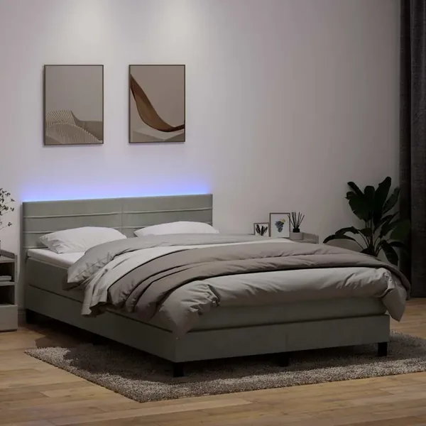 Sommier à lattes de lit et matelas et LED gris clair 160x210cm velours