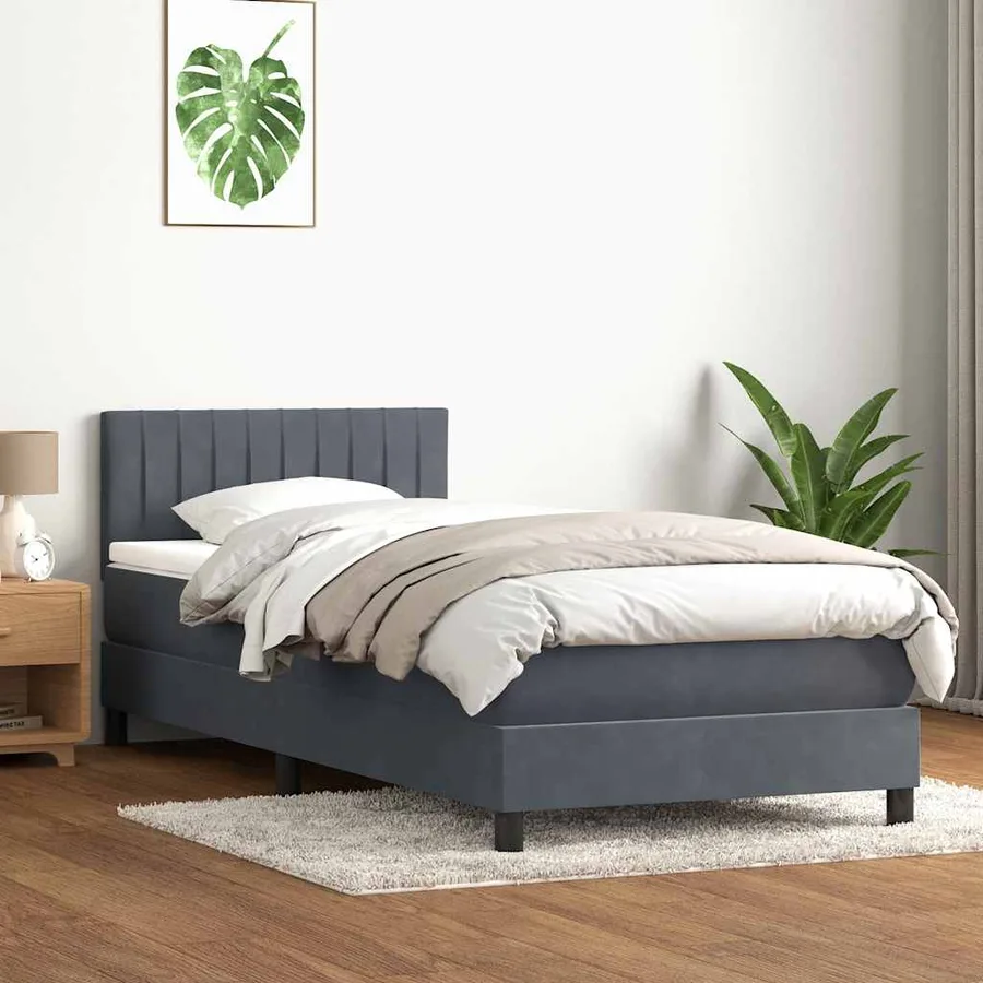 Sommier à lattes de lit et matelas et LED gris foncé 90x210 cm velours - 4