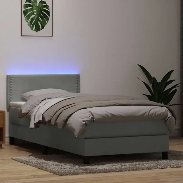 Sommier à lattes de lit et matelas et LED gris clair 80x210 cm velours