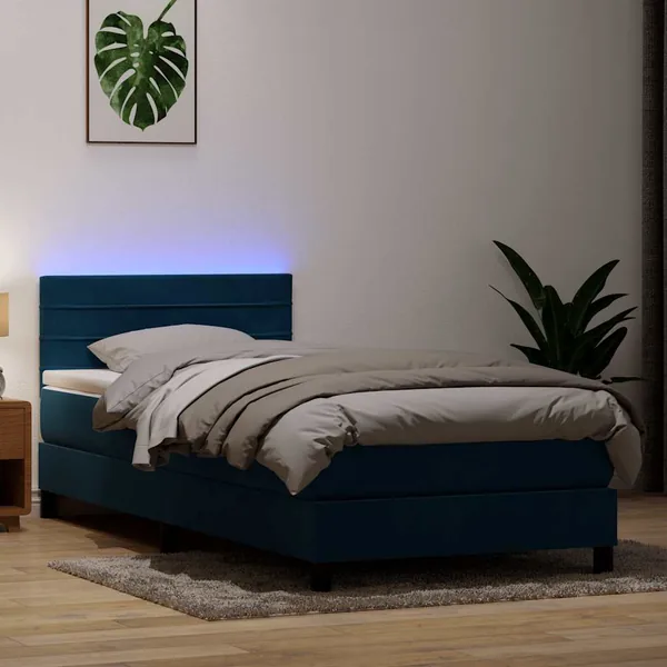 Sommier à lattes de lit et matelas et LED bleu foncé 80x210 cm velours