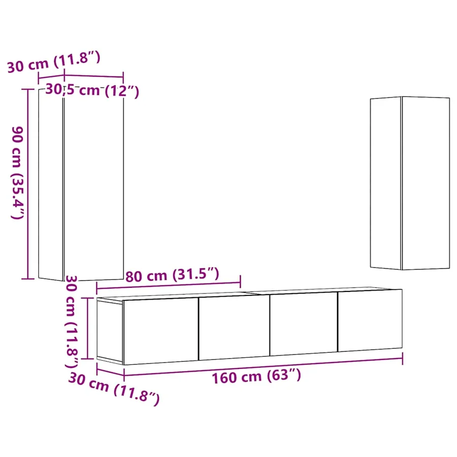 Meubles TV muraux 4 pcs vieux bois bois d'ingénierie - 9