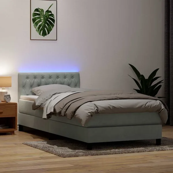 Sommier à lattes de lit et matelas et LED gris clair 80x220 cm velours