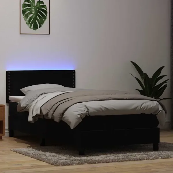 Sommier à lattes de lit avec matelas et LED noir 100x210 cm velours