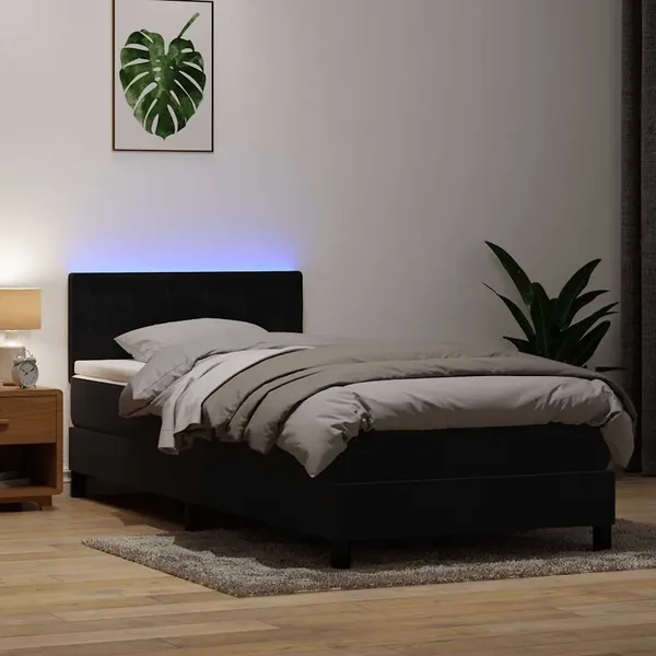 Sommier à lattes de lit avec matelas et LED noir 100x210 cm velours