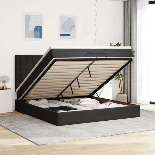 Cadre de lit ottoman avec matelas noir 200x200cm velours