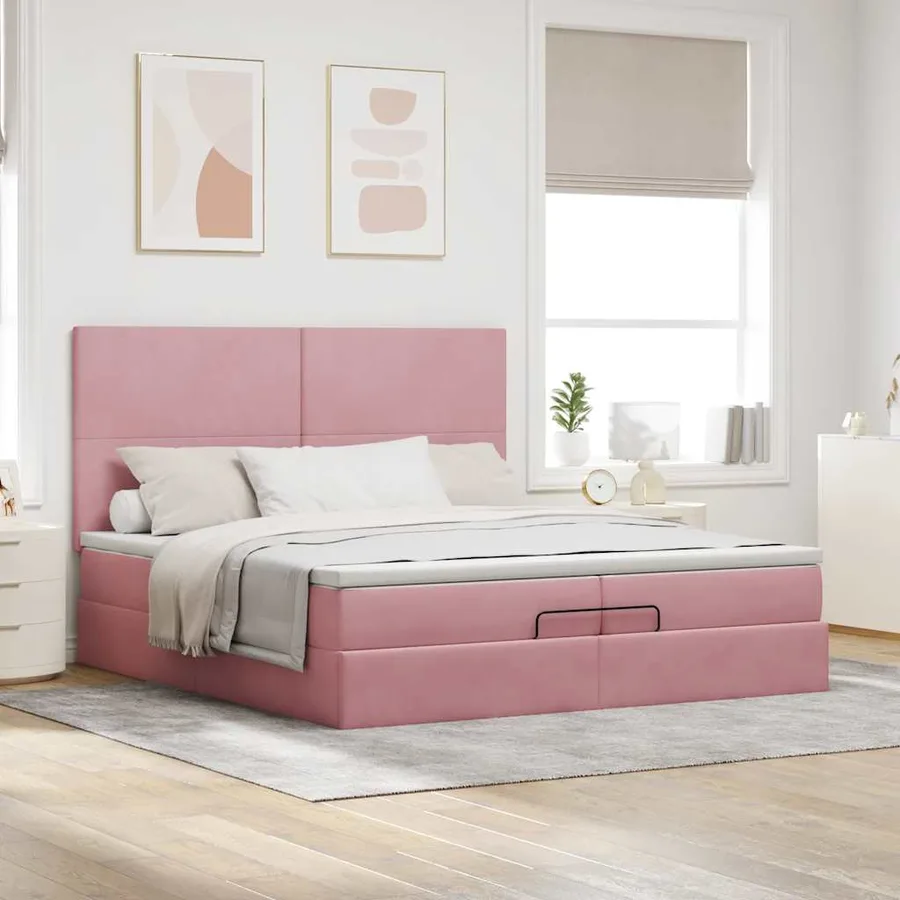 Cadre de lit ottoman avec matelas rose 200x200 cm velours - 4