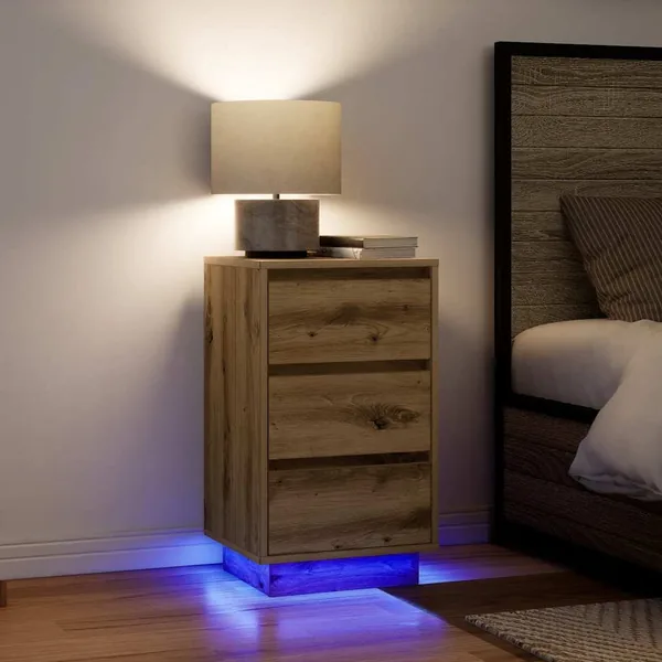 Armoire de chevet et lumières LED chêne artisanal 38x34x65 cm