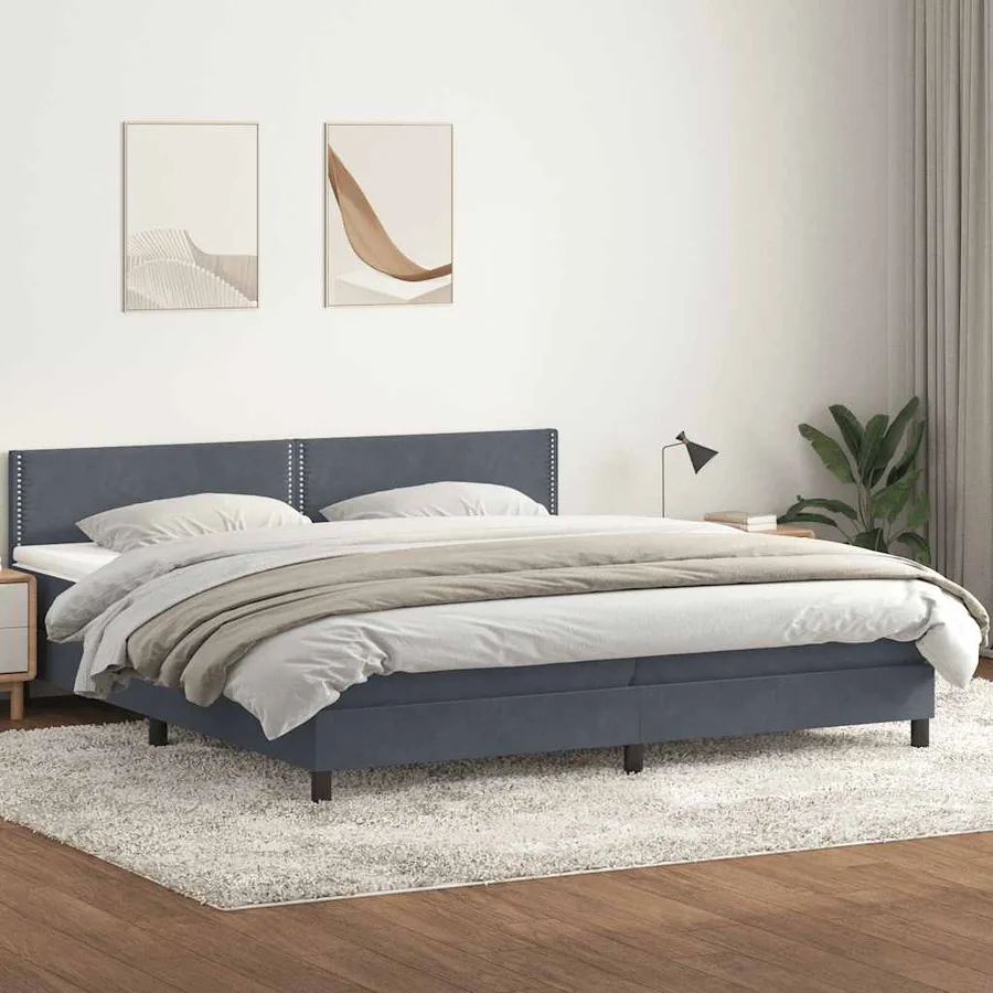 Sommier à lattes de lit et matelas et LED gris foncé 180x220cm velours - 4
