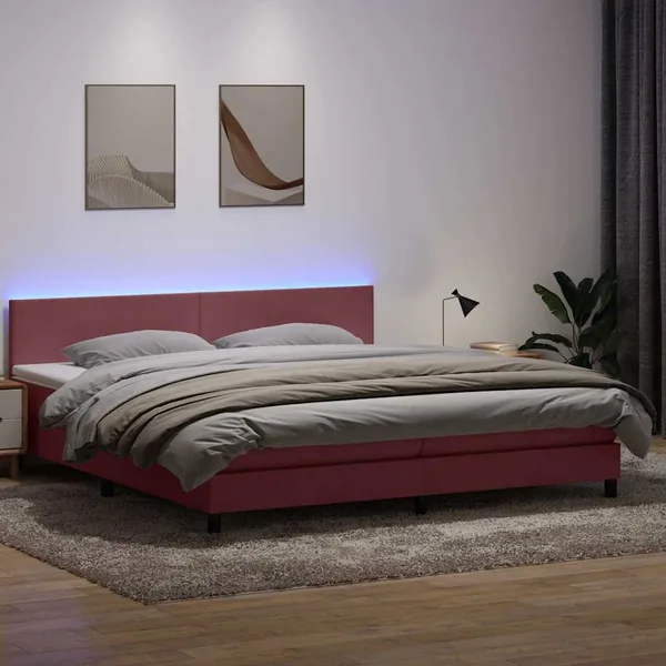 Sommier à lattes de lit avec matelas et LED rose 180x220 cm velours