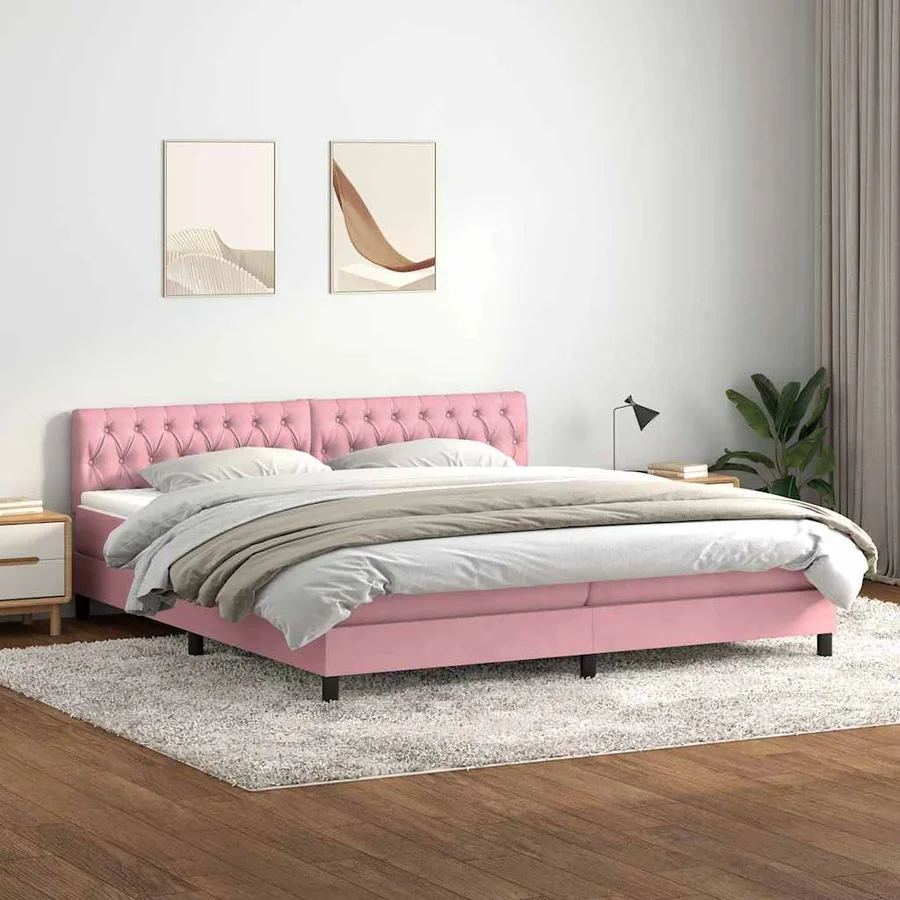 Sommier à lattes de lit avec matelas et LED rose 180x220 cm velours - 4