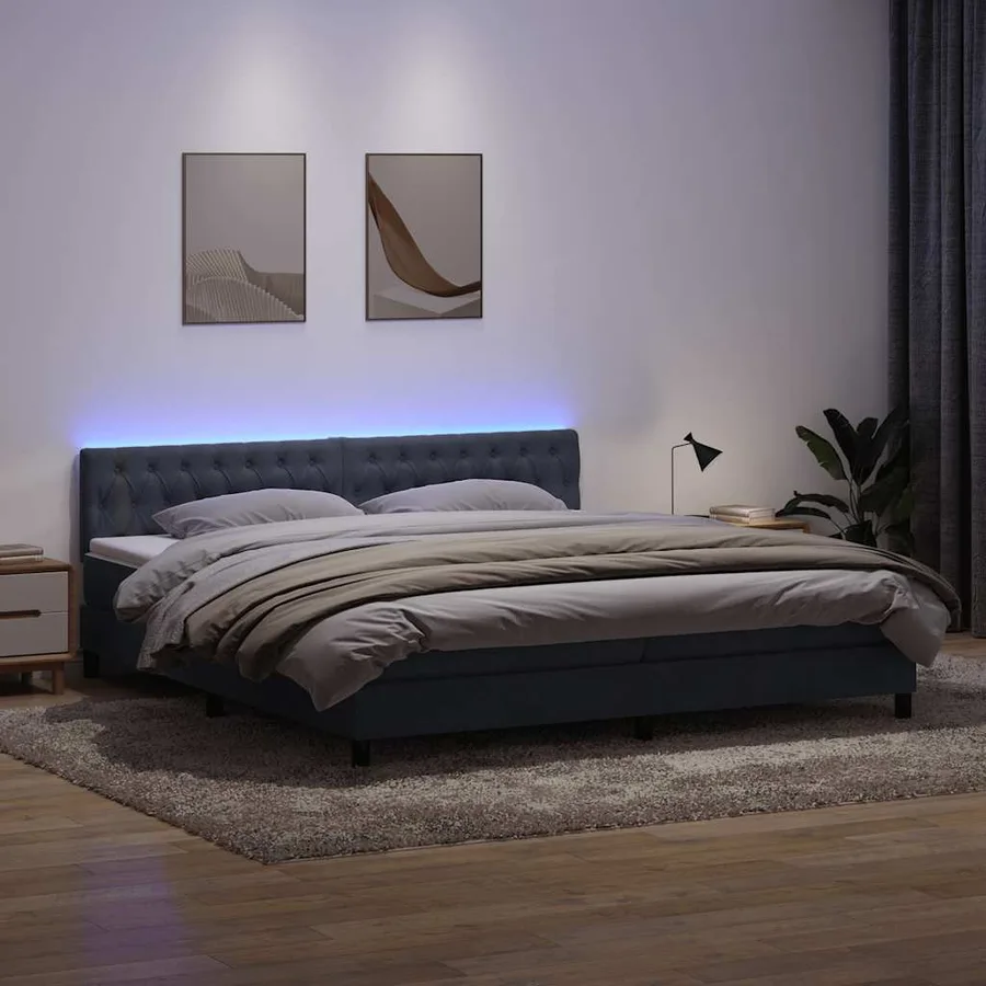 Sommier à lattes de lit et matelas et LED gris foncé 200x220cm velours - 4