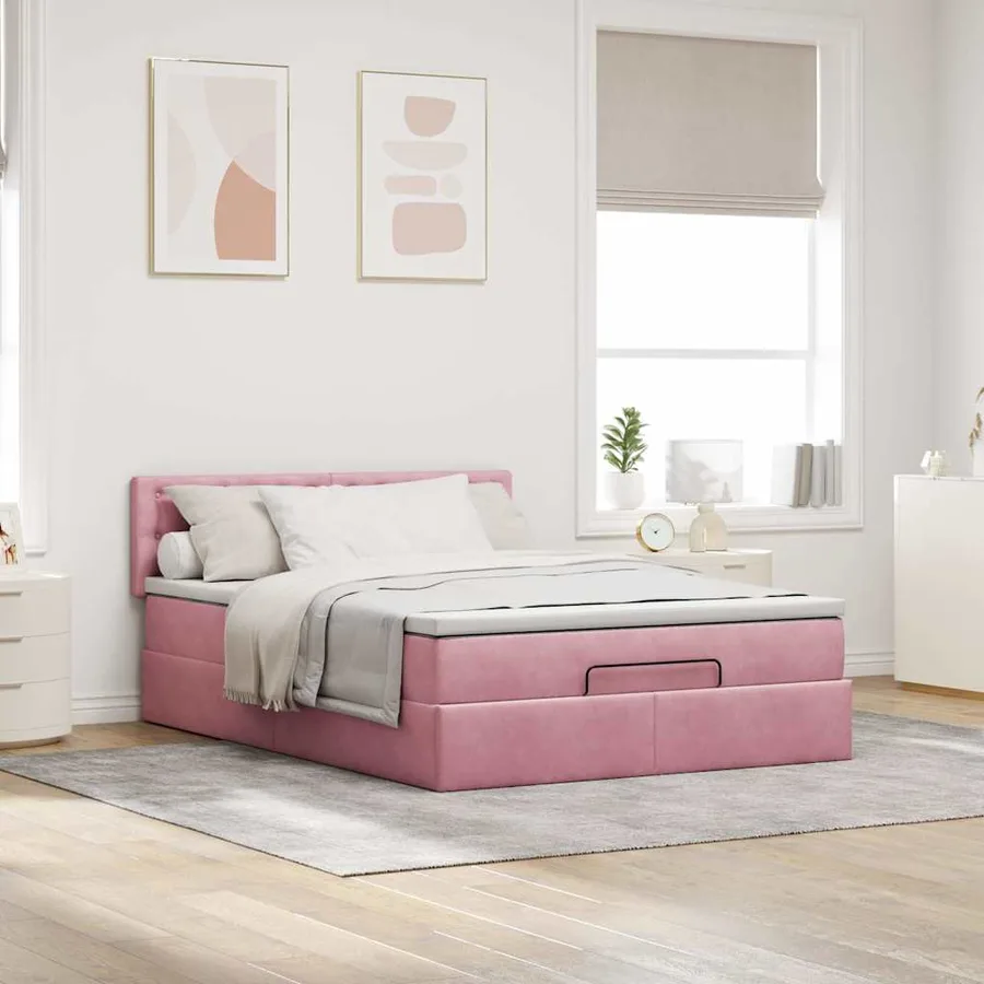 Cadre de lit ottoman avec matelas rose 140x200 cm velours - 3
