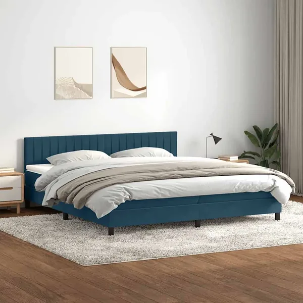 Sommier à lattes de lit et matelas bleu foncé 200x220cm velours