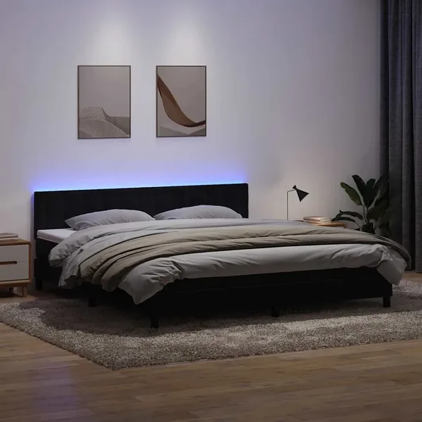 Sommier à lattes de lit avec matelas et LED noir 180x220 cm velours