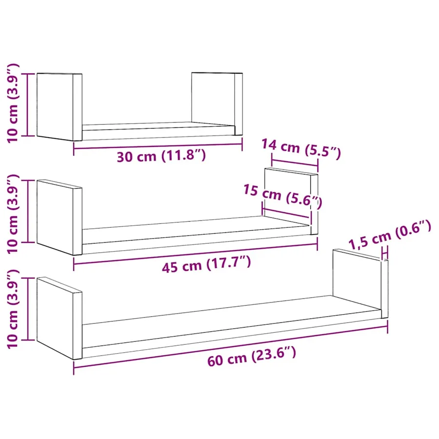 Étagères murales 3 pcs en chêne noir contrecollé - 10