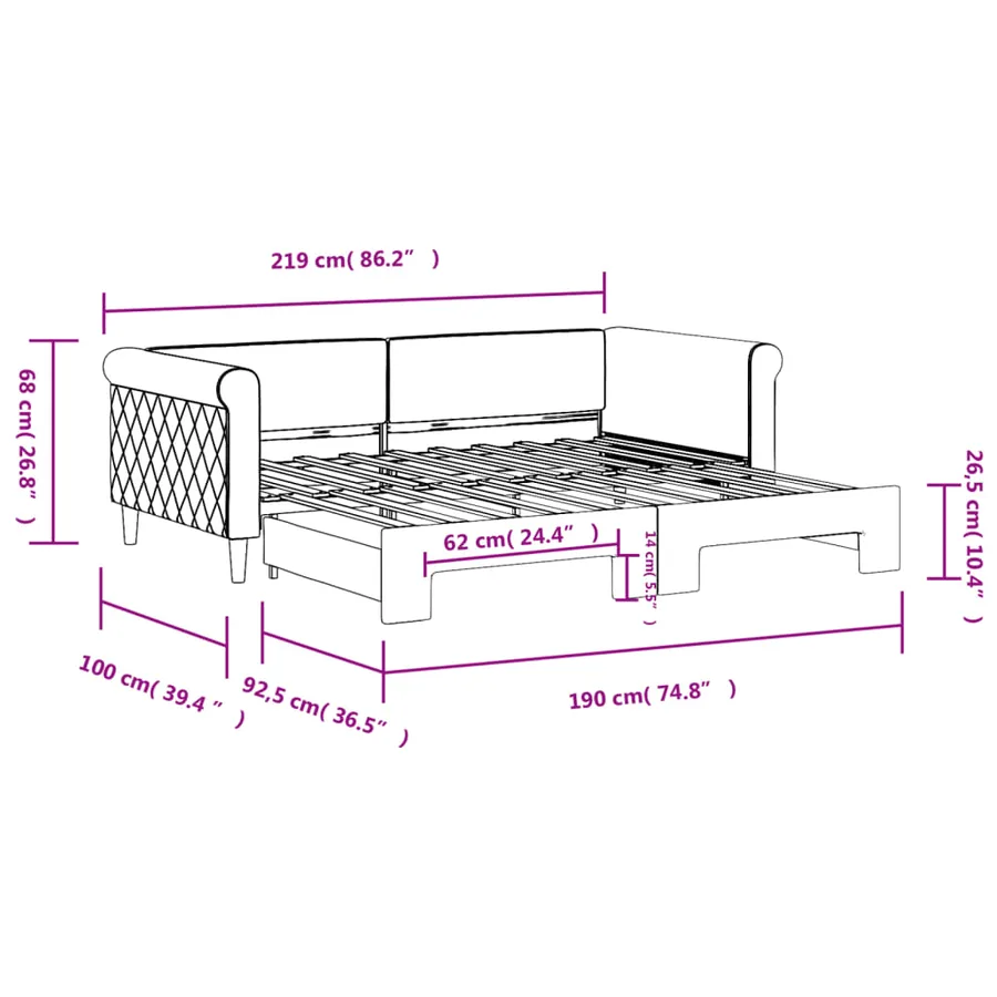 Lit de jour avec gigogne sans matelas gris foncé 90x190 cm - 11