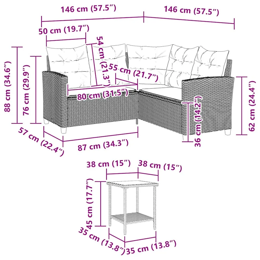 Canapé de jardin avec table et coussins en forme de L beige - 11