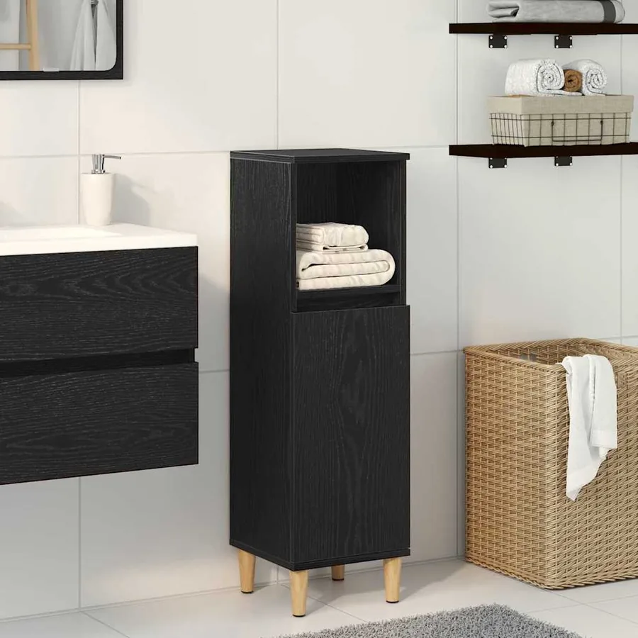 Cabinet de Salle de Bain avec porte Chêne noir 30 x 30 x 100 cm