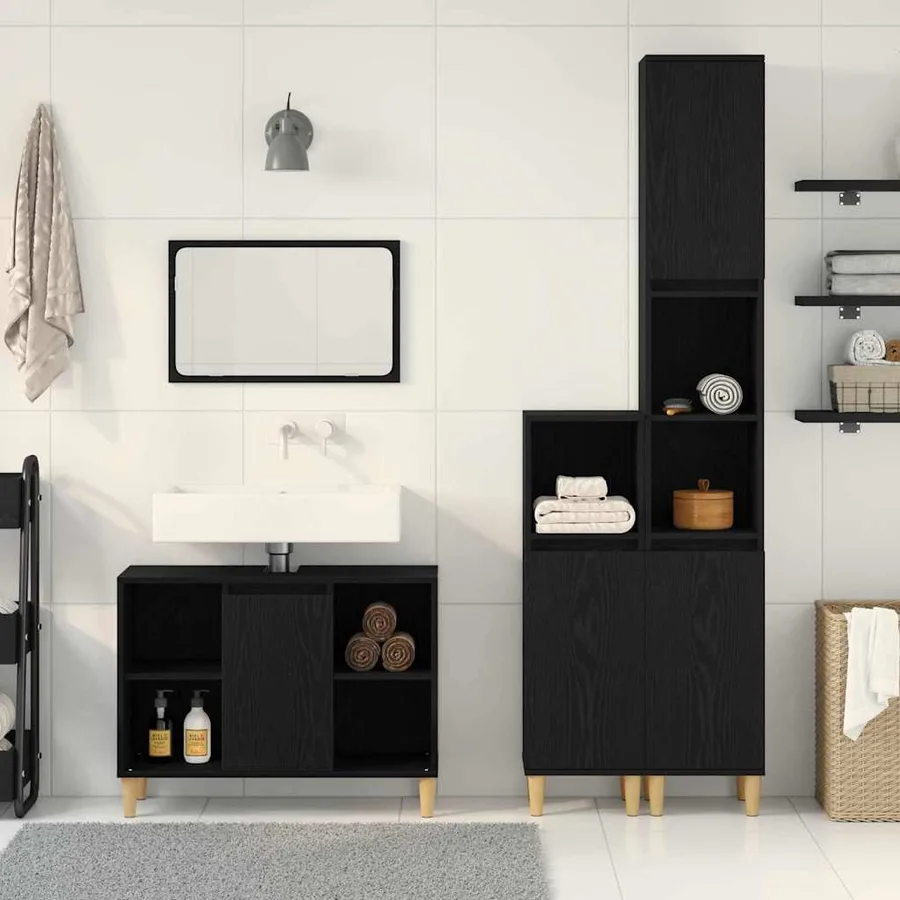 Ensemble de mobilier de salle de bain avec stockage 3 pcs Noir - 4
