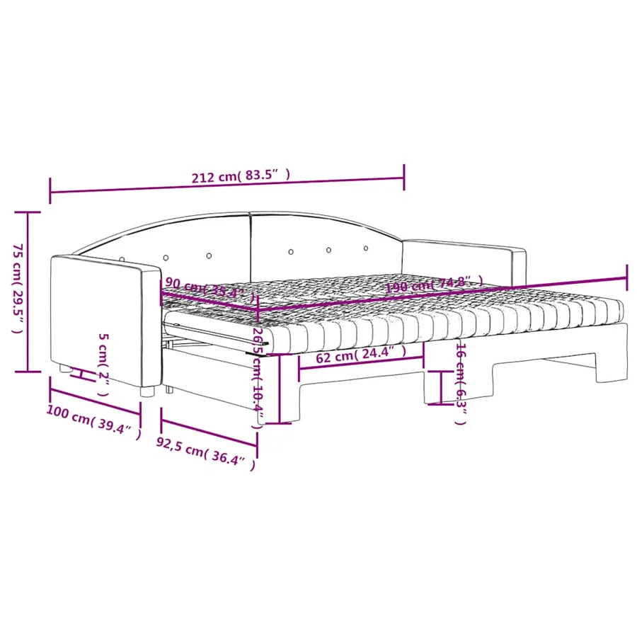 Lit de jour avec gigogne et matelas gris foncé 90x190cm velours - 12