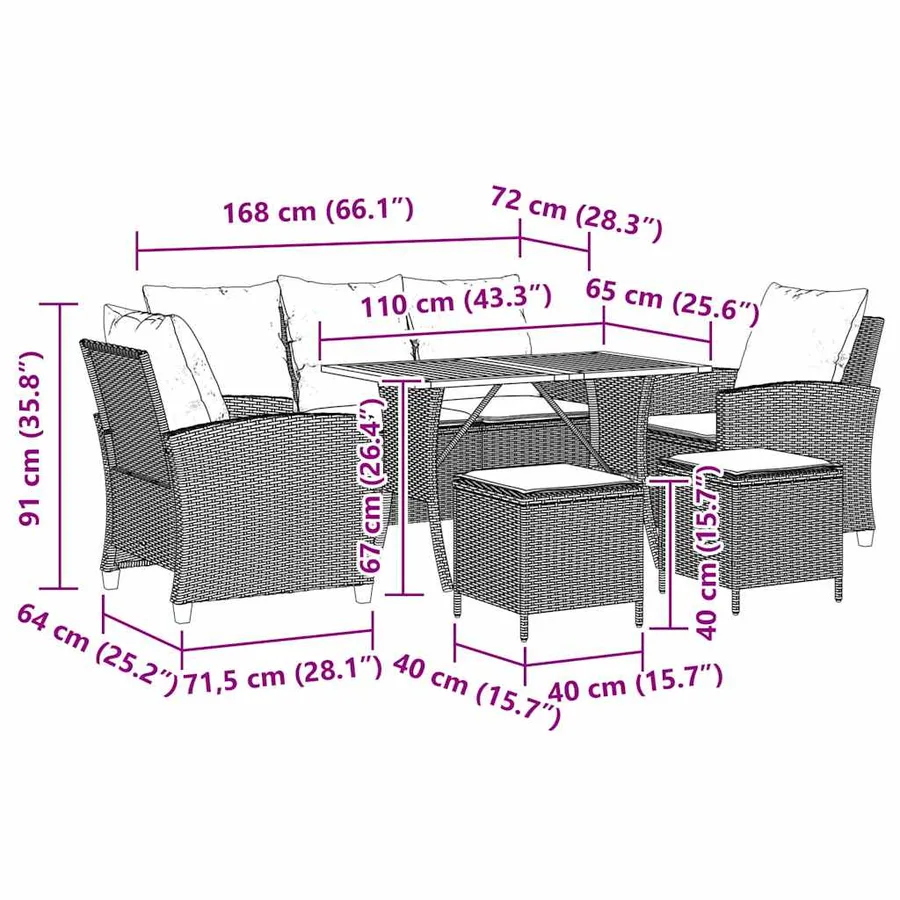Ensemble de canapé de jardin 6 pcs avec coussins noir résine tressée - 12