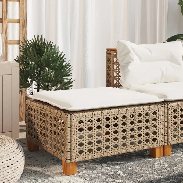Tabouret de jardin et coussin beige 63,5x56x32cm résine tressée