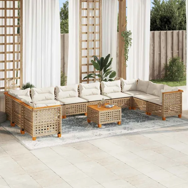 Salon de jardin 11 pcs avec coussins beige résine tressée