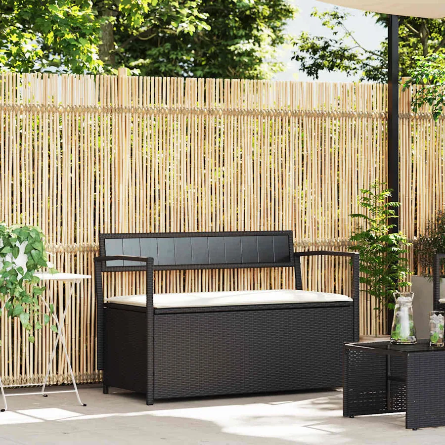 Banc de rangement de jardin avec coussin noir résine tressée