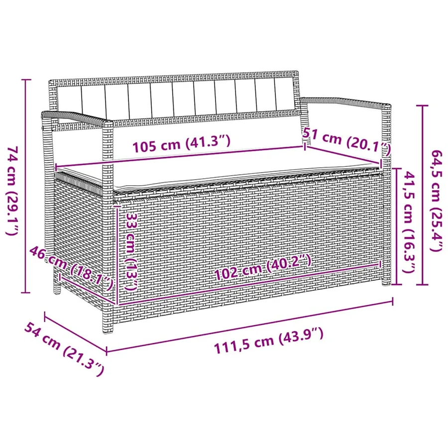 Banc de rangement de jardin avec coussin noir résine tressée - 10