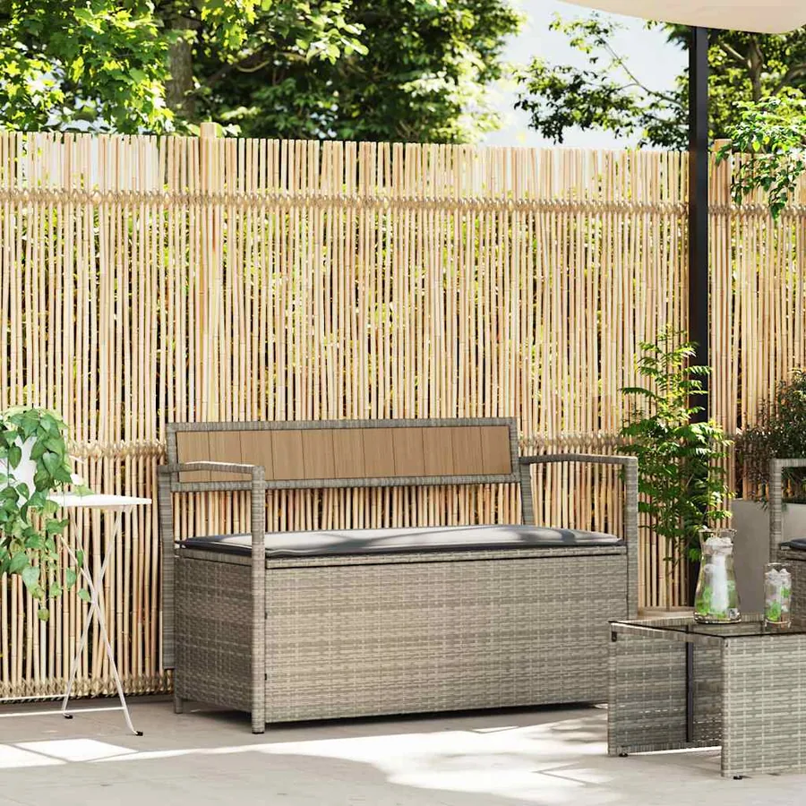 Banc de rangement de jardin avec coussin gris clair résine tressée