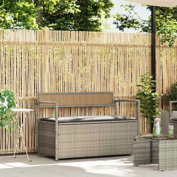 Banc de rangement de jardin avec coussin gris clair résine tressée