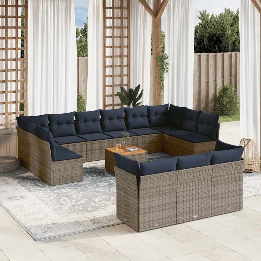 Salon de jardin avec coussins 14 pcs gris résine tressée