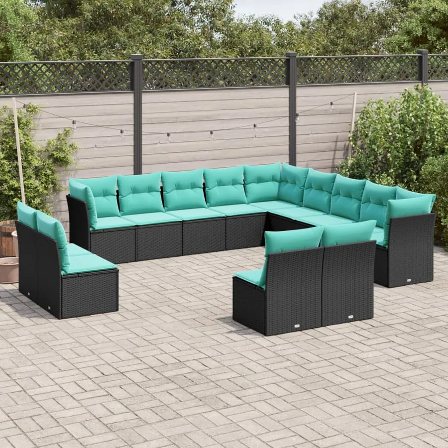 Salon de jardin avec coussins 13 pcs noir résine tressée