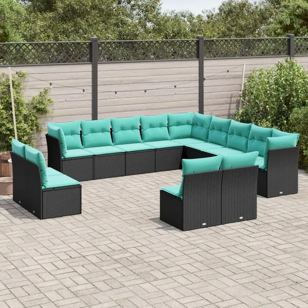 Salon de jardin avec coussins 13 pcs noir résine tressée