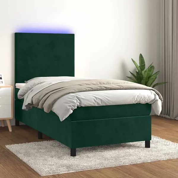Sommier à lattes de lit avec matelas et LED Vert foncé 90x190cm