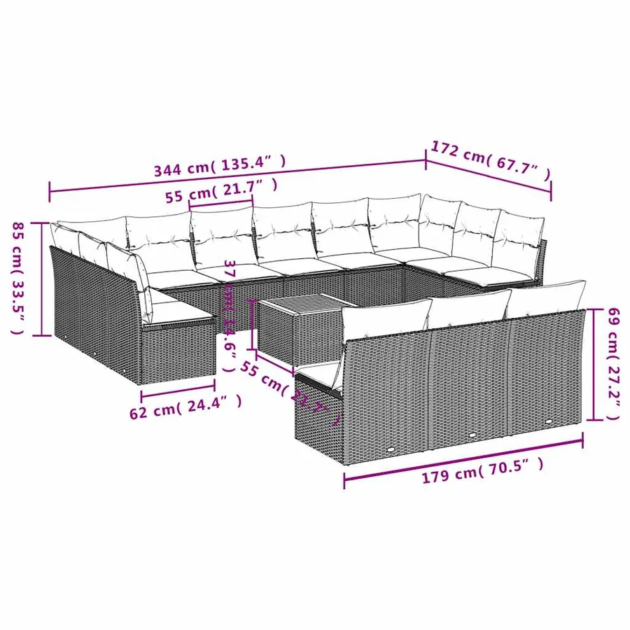 Salon de jardin avec coussins 14 pcs gris résine tressée - 10