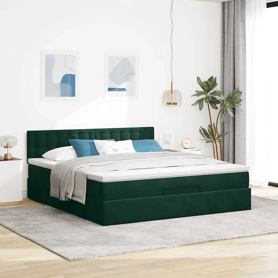 Cadre de lit ottoman avec matelas vert foncé 160x200 cm velours - 3